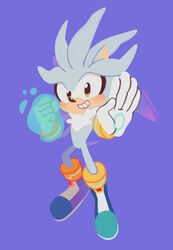  2020 anthro boots bracelet clothing eulipotyphlan fist flat_colors floating footwear fur gloves grey_body grey_fur grin handwear hedgehog hi_res jewelry male mammal purple_background sega silver_the_hedgehog simple_background smallpanda smile solo sonic_the_hedgehog_(series) white_body white_fur yellow_eyes 