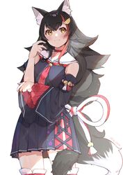  absurdres animal_ear_fluff animal_ears ass_visible_through_thighs black_hair black_shirt black_skirt blush breasts choker closed_mouth commentary cowboy_shot detached_sleeves female hair_between_eyes hair_ornament highres hololive idenshi_hina kouhaku_nawa long_hair looking_at_viewer medium_breasts miniskirt multicolored_hair necktie ookami_mio ookami_mio_(1st_costume) pleated_skirt red_choker red_hair red_necktie rope sailor_collar shimenawa shirt simple_background skirt smile solo streaked_hair tail tail_around_own_leg tail_wrap thighhighs thighs twitter_username two-tone_hair virtual_youtuber white_background wide_sleeves wolf_ears wolf_girl wolf_tail yellow_eyes 