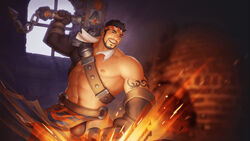  1boy abs artist_request asymmetrical_sleeves bad_source bara bare_pectorals beard black_hair blacksmith blacksmith_tongs bulge check_artist chest_hair closed_eyes clothes_lift embers facial_hair fire gyee headband highres holding holding_mallet igote large_pectorals leg_hair male_focus mallet mature_male mr.bread muscular muscular_male navel navel_hair nipples official_art official_wallpaper pectorals pelvic_curtain pelvic_curtain_lift short_hair sig_(gyee) smile solo stomach thick_thighs thighs tongs towel towel_around_neck uneven_sleeves wind 