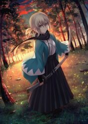  alternate_hairstyle black_hakama black_scarf blonde_hair closed_mouth cloud commentary dated_commentary fate/grand_order fate_(series) female forest grass green_eyes hair_between_eyes hakama hakama_skirt haori highres holding holding_sword holding_weapon japanese_clothes katana kaze_minoru_so-ru kimono koha-ace looking_at_viewer nature okita_souji_(fate) okita_souji_(koha-ace) open_clothes outdoors ponytail scarf sheath sheathed shinsengumi short_hair short_ponytail sidelocks skirt sky solo sunlight sword tree weapon white_kimono wide_sleeves 