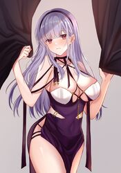  azur_lane bad_id bad_pixiv_id blush breasts cleavage dido_(anxious_bisque_doll)_(azur_lane) dido_(azur_lane) dress female hairband highres holding large_breasts long_hair looking_at_viewer muki_(muki_kunxd) official_alternate_costume purple_dress purple_eyes purple_hair simple_background solo standing thighs 