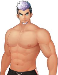  1boy abs bad_source bara black_hair black_pants cowboy_shot dark-skinned_male dark_skin facial_hair goatee green_eyes gyee large_pectorals looking_at_viewer male_focus masayoshi_togashi_(alu379) mature_male multicolored_hair muscular muscular_male navel nipples official_art pants pectorals purple_hair scar scar_across_eye scar_on_face short_hair solo stomach tachi-e topless_male transparent_background two-tone_hair yan_(gyee) 