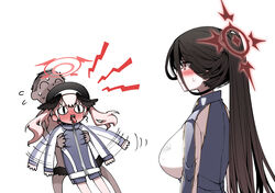  &lt;|&gt;_&lt;|&gt; 1boy 2girls afterimage black_hair black_headwear black_wings blue_archive blush breasts closed_mouth doodle_sensei_(blue_archive) full-face_blush gym_uniform halo hasumi_(blue_archive) hasumi_(track)_(blue_archive) hat head_wings high_ponytail highres hitotose_rin jacket koharu_(blue_archive) large_breasts long_hair long_sleeves looking_at_another low_wings mole mole_under_eye motion_lines mouth_hold multiple_girls official_alternate_costume pink_hair red_eyes sensei_(blue_archive) shorts simple_background slit_pupils standing teeth twintails whistle white_background winged_hat wings 