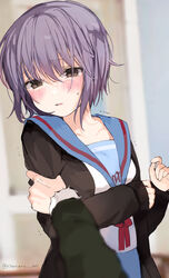  1boy absurdres black_cardigan blue_sailor_collar blue_skirt blurry blurry_background blush breasts brown_eyes cardigan commentary cowboy_shot depth_of_field female hair_between_eyes highres indoors kita_high_school_uniform kyon long_sleeves looking_at_viewer nagato_yuki neck_ribbon open_mouth purple_hair red_ribbon ribbon sailor_collar school_uniform serafuku shirt short_hair skirt sleeves_past_wrists small_breasts solo_focus suzumiya_haruhi_no_shoushitsu suzumiya_haruhi_no_yuuutsu sweatdrop trembling twitter_username white_shirt winter_uniform yukari_(rihenara_doll) 