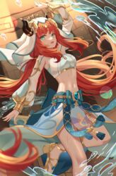  absurdres arm_up armpits bad_id bad_pixiv_id blue_eyes blue_gemstone blue_skirt blurry breasts crop_top dancer depth_of_field fake_horns female gem genshin_impact gold_trim highres horns leg_up legs long_hair long_sleeves looking_at_viewer low_twintails medium_breasts midriff mirufuaa navel nilou_(genshin_impact) open_mouth puffy_sleeves red_hair revealing_clothes sandals skirt smile solo standing standing_on_one_leg stomach twintails veil very_long_hair water 