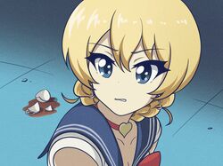  bishoujo_senshi_sailor_moon bishoujo_senshi_sailor_moon_s blonde_hair blue_eyes blue_sailor_collar braid braided_bun broken_cup choker collarbone commentary_request cosplay crescent crescent_earrings cup darjeeling_(girls_und_panzer) derivative_work drink earrings female film_grain girls_und_panzer gradient_background grimace hair_between_eyes hair_bun heart heart_choker highres jewelry kano_(nakanotakahiro1029) magical_girl medium_hair meme red_choker sailor_collar sailor_moon sailor_moon_(cosplay) sailor_moon_redraw_challenge_(meme) sailor_senshi_uniform screenshot_redraw solo spill teacup upper_body 