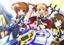  3girls ;) armor armored_dress bardiche_(nanoha) bardiche_(zanber_form)_(nanoha) beret black_dress black_gloves black_ribbon blue_eyes cape commentary_request dress endori fate_testarossa fate_testarossa_(blaze_form_ii) fingerless_gloves fortress_(nanoha) gauntlets gloves hair_ornament hair_ribbon hat holding holding_weapon jacket juliet_sleeves long_dress long_hair long_sleeves looking_at_viewer lyrical_nanoha magical_girl mahou_shoujo_lyrical_nanoha mahou_shoujo_lyrical_nanoha_reflection multiple_girls one_eye_closed open_mouth partial_commentary puffy_sleeves purple_eyes red_cape ribbon shield short_dress short_hair sidelocks simple_background sleeveless sleeveless_dress smile standing strike_cannon takamachi_nanoha takamachi_nanoha_(fortress_mode) tome_of_the_night_sky twintails two-sided_cape two-sided_fabric weapon white_background white_cape white_dress white_headwear white_jacket white_ribbon x_hair_ornament yagami_hayate 