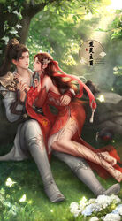  1boy absurdres artist_request bare_legs barefoot blush brown_hair bug butterfly character_request dress female flower full_body glowing_butterfly grass hair_rings hand_on_another&#039;s_back highres huo_linger_(wanmei_shijie) light_rays long_hair outdoors parted_lips red_dress rock second-party_source sitting tree wanmei_shijie 