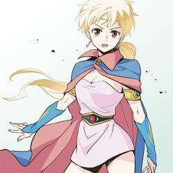  agahari blonde_hair breasts brown_eyes cape cleavage dragon_quest dragon_quest_dai_no_daibouken dress earrings female headband jewelry long_hair looking_at_viewer open_mouth princess_leona simple_background skirt solo 