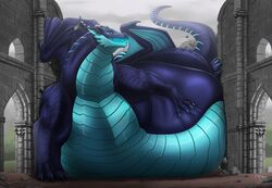  2023 2_horns accessory ambiguous_gender belly big_belly biglovealicia blue_body castle claws detailed_background digital_media_(artwork) digitigrade dragon feral furgonomics hi_res horn horn_accessory huge_belly lying membrane_(anatomy) membranous_wings morbidly_obese morbidly_obese_feral mythological_creature mythological_scalie mythology obese obese_feral overweight overweight_feral scales scalie signature smile solo tail wings 