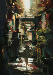  absurdres bare_legs barefoot blue_eyes bridge brown_kimono building chinese_commentary commentary_request female full_body grass green_hair hand_up highres holding holding_lantern japanese_clothes kimono lantern long_hair long_sleeves looking_at_viewer original outdoors paper_lantern parted_lips pointy_ears scenery short_kimono solo walking zygocactus 