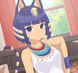  animal_crossing animal_ears ankha_(animal_crossing) bare_shoulders black_eyes blue_hair blunt_bangs bracelet breasts cat_ears cat_girl cat_tail commentary egyptian egyptian_clothes expressionless female gold hair_ornament highres humanization indoors jewelry looking_at_viewer medium_breasts patrick_fche shirt short_hair signature sitting sleeveless sleeveless_shirt snake_hair_ornament solo spanish_commentary striped_tail tail tan twitter_username usekh_collar white_shirt window 