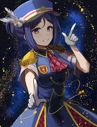  absurdres akiki_(kiki) birthday blue_hair breasts commentary feathers female gloves hair_bun happy_party_train hat highres large_breasts looking_at_viewer love_live! love_live!_sunshine!! matsuura_kanan short_sleeves sidelocks single_hair_bun smile solo whistle white_feathers white_gloves 