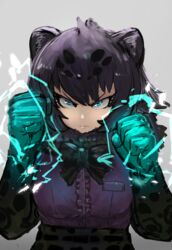  :| adeshi_(adeshi0693119) animal_ears aqua_eyes black_bow black_hair black_jaguar_(kemono_friends) bow bowtie breast_pocket clenched_hands closed_mouth commentary_request elbow_gloves female frown fur_collar gloves glowing_hands grey_background hair_between_eyes hands_up highres jaguar_ears jaguar_print kemono_friends looking_at_viewer pocket print_gloves print_skirt raised_fists serious short_hair sidelocks simple_background skirt solo sparks tsurime v-shaped_eyebrows 