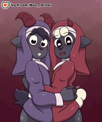  anthro ass blush bovid caprine cel_shading clothed clothing cult_of_the_lamb duo femboy goat goat_(cult_of_the_lamb) hi_res horn hug ko-fi lamb_(cult_of_the_lamb) looking_at_viewer male mammal massive_monster_(studio) max_draws nun nun_outfit open_mouth shaded sheep side_view simple_background 