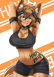  1girls anthro armpits big_breasts brown_fur brown_hair cleavage collar furry hi_res large_breasts monster_girl monster_musume_no_iru_nichijou pinup polt_(monster_musume) solo sports_bra sweatband thigh_gap tomboy toned virusotaku 