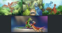  after_transformation ara_(genus) avian avian_feet beak bird blu_(rio) blue_body blue_feathers blue_sky_studios claws dancing duo eyewear feather_growth feathered_wings feathers female feral fist_bump flying forest gesture glasses green_body green_feathers growth hi_res implied_transformation jewel_(rio) linda_gunderson macaw male neotropical_parrot open_mouth outside parrot perching plant rainforest red_body red_feathers rio_(series) rio_2016 ruffu scarlet_macaw size_difference solo spix's_macaw tail tail_feathers tree true_parrot tulio_(rio) wings 