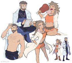  1boy 1girls aark0 concept_art female flat_chest male male_with_female muscles muscular muscular_female muscular_male pokemon pokemon_sv professor_sada_(pokemon) professor_turo sfw shirtless_(male) 