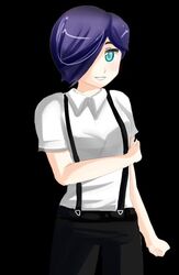  1girls blue_eyes blue_hair breasts clothed clothing female female_only fully_clothed plum_tea rei_yukimura_(plum_tea) saintxtail smile solo sprite sprite_art suspenders white_shirt 