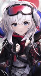  absurdres arknights beads blue_eyes cloak commentary_request female fingerless_gloves gloves goggles goggles_on_head grey_hair hands_up highres hood hooded_cloak mulberry_(arknights) prayer_beads sikinose_val solo 