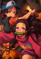  1boy bamboo baseball_cap bit_gag black_hair brother_and_sister bucket cosplay dipper_pines dipper_pines_(cosplay) english_commentary female gag gagged gravity_falls hairband halloween halloween_bucket hat highres holding holding_bucket house kamado_nezuko kamado_tanjirou khyle. kimetsu_no_yaiba long_hair long_sleeves looking_at_viewer mabel_pines mabel_pines_(cosplay) outdoors pink_eyes pink_sweater scar scar_on_face scar_on_forehead short_hair short_sleeves siblings sweater tree vest 