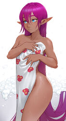  after_bathing blue_eyes cheshirrr closed_mouth dark-skinned_female dark_skin female highres long_hair naked_towel narrow_waist pointy_ears purple_hair shantae shantae_(series) solo towel very_long_hair wet 