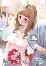  1boy 3girls ^_^ alternate_hairstyle blush bouquet breasts bridal_gauntlets bridal_veil bride brown_hair cleavage closed_eyes dress dutch_angle formal full-face_blush glint head_out_of_frame highres hojo_karen holding holding_another&#039;s_arm holding_bouquet idolmaster idolmaster_cinderella_girls kamiya_nao light_particles light_rays looking_at_another medium_breasts menea multiple_girls necktie pink_dress producer_(idolmaster) red_eyes shibuya_rin solo_focus suit tiara veil wedding_dress 