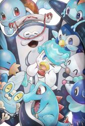  &gt;_o =_= ^_^ big_man_(splatoon) closed_eyes company_connection crossover froakie highres hokkamuri manta_ray mudkip nintendo no_humans one_eye_closed open_mouth oshawott piplup plum0o0 poke_ball poke_ball_(basic) pokemon pokemon_(creature) popplio quaxly simple_background sobble splatoon_(series) splatoon_3 squirtle totodile white_background 