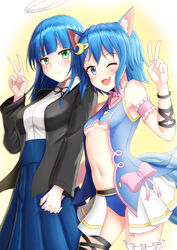  2girls ;d animal_ear_fluff animal_ears bare_shoulders black_jacket blue_hair blue_skirt blush breasts cat_ears closed_mouth collared_shirt commentary commission dress_shirt english_commentary green_eyes halo highres holding_hands interlocked_fingers jacket long_hair long_sleeves looking_at_viewer medium_breasts multiple_girls navel oerba_yun_fang one_eye_closed open_clothes open_jacket original pleated_skirt prophosphere purple_eyes shirt showgirl_skirt skirt small_breasts smile tail underboob white_shirt white_skirt 