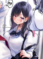  !? 1boy absurdres bad_id bad_pixiv_id black_hair blue_bow blue_bowtie blush bow bowtie breast_press breasts button_gap closed_mouth commentary_request female highres long_hair looking_at_viewer medium_breasts nekomugiharu original purple_eyes satou_mei school_uniform shirt white_shirt 