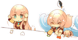  &gt;_&lt; 2girls aqua_eyes arm_warmers armband arms_up black_shirt blush bongo_cat chibi fish headphones heart highres like_and_retweet long_hair megurine_luka meme mochityoko multiple_girls octopus pink_hair shirt single_arm_warmer slam tentacle tuna twitter twitter_username very_long_hair vocaloid waves white_background 