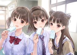  3girls black_hairband blue_reflection_(series) blue_reflection_tie blunt_bangs bow bowtie breasts brown_eyes brown_hair brown_serafuku buttons collared_shirt double_bun food hair_bun hairband hallway hoshizaki_ao indoors kinjou_yuki kishida_mel long_hair looking_at_viewer medium_breasts medium_hair multiple_girls necktie ponytail popsicle red_bow sailor_collar school_uniform serafuku shirt short_sleeves striped striped_bow twintails two_side_up upper_body utsubo_kokoro white_sailor_collar white_shirt 