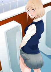  1boy blonde_hair blue_eyes blue_vest clothes_lift crossdressing grey_skirt highres island_lagoon lifting_own_clothes long_sleeves looking_back male_focus miniskirt original otoko_no_ko pleated_skirt restroom shirt short_hair skirt skirt_lift standing urinal vest white_shirt 