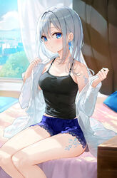  arm_tattoo bed blue_eyes blue_nails blue_shorts blue_sky breasts cloud collarbone commentary_request curtains earrings feet_out_of_frame female flower_tattoo fuumi_(radial_engine) highres indoors jewelry lace-trimmed_shorts lace_trim leg_tattoo long_hair long_sleeves looking_at_viewer medium_breasts midriff nail_polish neck_tattoo off_shoulder on_bed open_clothes open_shirt original parted_lips pillow see-through see-through_shirt shirt short_shorts shorts sidelocks single_bare_shoulder sitting sky solo swept_bangs tank_top tattoo thighs undressing white_hair white_shirt window 