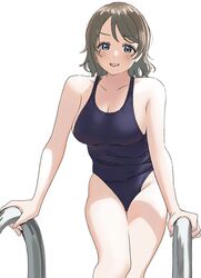  :d absurdres blue_eyes blue_one-piece_swimsuit blush breasts cleavage climbing_ladder collarbone commentary cowboy_shot dunchy female grey_hair groin highleg highleg_swimsuit highres looking_at_viewer love_live! love_live!_sunshine!! medium_breasts new_school_swimsuit one-piece_swimsuit open_mouth parted_bangs pool_ladder school_swimsuit short_hair sideboob simple_background smile solo standing swept_bangs swimsuit teeth thigh_gap thighs upper_teeth_only watanabe_you wavy_hair white_background 