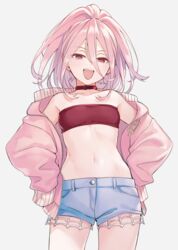  :d bandeau belt_collar blue_shorts collar cowboy_shot e_(eokiba) female highres jacket kemono_jihen navel open_clothes open_jacket open_mouth pink_eyes pink_hair pink_jacket red_bandeau red_collar short_shorts shorts simple_background smile solo strapless tademaru_aya teeth tube_top upper_teeth_only white_background wide_ponytail 