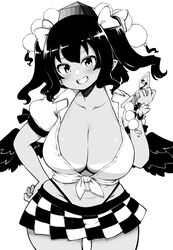  absurdres breasts checkered_clothes checkered_skirt cleavage commentary cowboy_shot female greyscale gyaru hair_ribbon hand_on_own_hip hat highres himajin_noizu himekaidou_hatate holding holding_phone huge_breasts looking_at_viewer medium_hair monochrome phone pointy_ears pom_pom_(clothes) ribbon shameimaru_aya simple_background skirt solo standing tan tanlines tokin_hat touhou two_side_up 