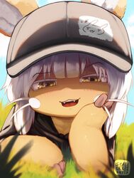  absurd_res anthro clothing digital_media_(artwork) fangs female fur hat headgear headwear hi_res laying_on_grass light looking_at_viewer made_in_abyss nanachi narehate skalelsky smug_expression solo sunlight supporting_head tan_body tan_fur teeth yellow_eyes 