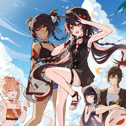  1boy 3girls alternate_costume alternate_hairstyle armband armpits asymmetrical_hair bare_shoulders black_choker black_hair black_shirt blonde_hair blue_sky boo_tao_(genshin_impact) breasts bug butterfly choker closed_eyes closed_mouth cloud cloudy_sky crop_top dark-skinned_female dark_skin denim denim_shorts double_bun fishnets flat_chest floating_hair flower-shaped_pupils genshin_impact ghost guitar hair_between_eyes hair_bun hair_ornament highres holding holding_guitar holding_instrument holding_microphone hu_tao_(genshin_impact) instrument leg_up long_hair medium_breasts medium_hair microphone multiple_girls open_mouth outdoors red_eyes sandals shirt shorts sidelocks sky sleeveless sleeveless_shirt small_breasts smile standing standing_on_one_leg strapless sweatdrop swimsuit symbol-shaped_pupils tattoo tube_top xinyan_(genshin_impact) yajuu yellow_eyes yoimiya_(genshin_impact) yun_jin_(genshin_impact) zhongli_(genshin_impact) 