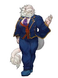  1boy animal_ears ascot bara beard blue_footwear blue_pants facial_hair formal full_body furry furry_male gloves highres lion_boy lion_ears lion_tail long_sleeves looking_at_viewer male_focus monocle muscular muscular_male pants pectorals purple_ascot shiratori_yokikana shoes simple_background smile snow_(housamo) solo suit tail tokyo_afterschool_summoners white_background white_gloves white_hair 