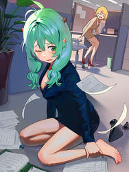  2girls ahoge aqua_hair barefoot blonde_hair blue_jacket blue_skirt breasts broken_shoes chair cleavage commentary dutch_angle feet formal full_body glasses green_eyes hand_on_own_leg high_heels highres horns jacket leaning_forward legs long_hair medium_breasts medium_hair multiple_girls nahia_(some1else45) office office_chair office_lady on_ground one_eye_closed original paper pencil_skirt plant potted_plant red_footwear sekoshi_(some1else45) shiny_skin shoes sidelocks skirt skirt_suit some1else45 sprain standing suit swivel_chair symbol-only_commentary thighs toenails toes twintails unworn_shoes 