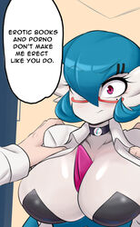  2023 breasts choker cleavage clothed clothing coat dialogue digital_media_(artwork) dr._voir duo english_text evolutionary_stone eyewear female fingers gardevoir generation_3_pokemon glasses hi_res human humanoid jewelry lab_coat lucyfercomic male male/female mammal mega_stone necklace nintendo not_furry pokemon pokemon_(species) shiny_pokemon text topwear 