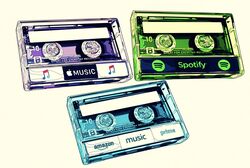  amazon_(company) apple_inc. bad_id bad_twitter_id case cassette_tape commentary_request harusameriburo highres logo musical_note no_humans original simple_background spotify still_life 