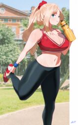  :3 bare_shoulders blonde_hair blurry blurry_background blush bottle breasts cleavage collarbone commentary curvy english_commentary feet_out_of_frame female forehead highres huge_breasts leg_lift long_hair looking_at_viewer low_neckline miami-chan_(ryusei_hashida) midriff navel nose original outdoors outside_border pants red_sports_bra ryusei_hashida sidelocks sideways_glance signature smile solo sports_bra stretching swept_bangs thighs tight_clothes tight_pants underwear water_bottle wet yoga_pants 