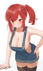  bare_arms bare_shoulders black_thighhighs blush breasts cleavage commentary_request cowboy_shot female hand_on_own_hip highres jfjf large_breasts looking_at_viewer naked_overalls original overalls ponytail red_eyes red_hair short_hair smile solo standing thighhighs white_background 