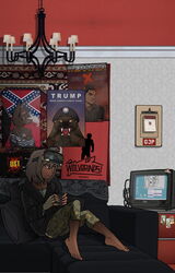  aleone ambiguous_gender anthro apartment barefoot bed beverage bottomwear camo camo_bottomwear camo_clothing camo_pants camo_print canid canine canis clothing coach computer confederate_flag dark_body dark_skin drawing electronics english_text feet fingerless_gloves furniture gloves grand_theft_auto grand_theft_auto:_san_andreas gulonine handwear human inside jackal lying lying_on_bed mammal mustelid musteline on_bed pants pattern_bottomwear pattern_clothing pattern_pants pillow plantigrade politics poster propaganda red_dawn republican retro_future rockstar_games russian sandy_hair solo solo_focus sticker synthwave tea text toned_body vr_headset wolverine 