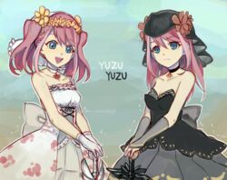  2girls :d black_choker black_dress black_veil blue_eyes breasts byoru character_name choker cleavage closed_mouth collarbone cowboy_shot detached_sleeves dress flower frown gloves gradient_background grey_sleeves hair_between_eyes hair_flower hair_ornament hand_on_hilt hiiragi_yuzu layered_dress long_hair multiple_girls open_mouth pink_hair sleeveless sleeveless_dress small_breasts smile standing strapless strapless_dress sword twintails veil weapon white_choker white_dress white_gloves yellow_flower yu-gi-oh! yu-gi-oh!_arc-v 