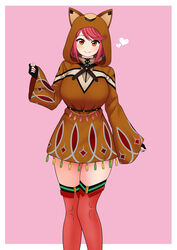  absurdres animal_hood blush breasts brown_hood brown_hoodie commentary disguised_pyra_(xenoblade) english_commentary feet_out_of_frame female heart highres hood hoodie large_breasts long_sleeves looking_at_viewer pink_background pyra_(xenoblade) red_eyes red_hair red_thighhighs short_hair smile solo swept_bangs the_only_shoe thighhighs xenoblade_chronicles_(series) xenoblade_chronicles_2 