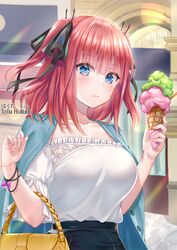  bag black_ribbon black_skirt blue_eyes blue_jacket blush breasts butterfly_hair_ornament closed_mouth collarbone commentary_request day female food go-toubun_no_hanayome hair_ornament hair_ribbon hakuda_tofu hands_up highres holding holding_food ice_cream ice_cream_cone jacket jacket_on_shoulders looking_at_viewer medium_breasts nakano_nino off-shoulder_shirt off_shoulder outdoors red_hair ribbon shirt short_hair skirt solo two_side_up white_shirt 