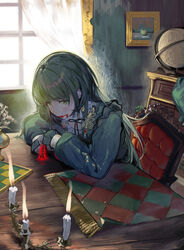  absurdres black_ribbon blunt_bangs candle curtains female frilled_skirt frills globe green_eyes green_hair green_shirt highres idolmaster idolmaster_shiny_colors indoors long_hair long_sleeves nanakusa_nichika neck_ribbon ribbon shirt sitting skirt solo uouokuma window 